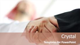  Presentation with arabic - PPT theme featuring arabic business people shaking hands background and a coral colored foreground