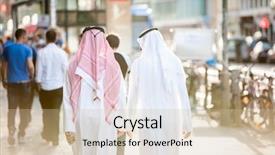  Presentation with arabic - Audience pleasing PPT theme consisting of arabic businessmen walking backdrop and a soft green colored foreground
