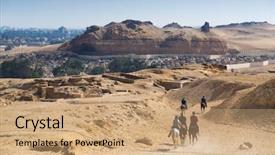  Presentation with egypt pyramid - Colorful presentation theme enhanced with arabic desert town - egyptian tourists riding horses near backdrop and a coral colored foreground