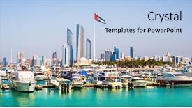  Presentation with arabic - Slide deck having arabic desert town - quay with yachts and skyscrapers background and a light blue colored foreground