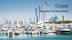  Presentation with abu dhabi - Beautiful PPT theme featuring arabic desert town - quay with yachts and skyscrapers backdrop and a light blue colored foreground