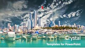  Presentation with arabic - Presentation design featuring arabic desert town - quay with yachts and skyscrapers background and a teal colored foreground