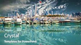  Presentation with arabic - Amazing presentation design having arabic desert town - quay with yachts and skyscrapers backdrop and a teal colored foreground