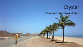 Presentation with palm beach - Presentation theme enhanced with arabic desert town - tourist standing on road background and a teal colored foreground