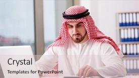  Presentation with computer science led - Beautiful PPT theme featuring arabic dress - arab businessman working on computer backdrop and a lemonade colored foreground