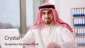  Presentation with computer - Colorful theme enhanced with arabic dress - arab businessman working on laptop backdrop and a lemonade colored foreground