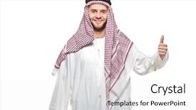  Presentation with arab countries - Audience pleasing PPT theme consisting of arabic dress - arab person with a thumbs backdrop and a white colored foreground