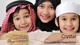  Presentation with arabic children - Audience pleasing PPT theme consisting of arabic family children with burger backdrop and a coral colored foreground