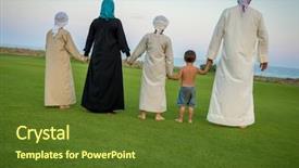  Presentation with arabic - Presentation theme having cultural diversity muslim man - arabic family on green meadow background and a tawny brown colored foreground