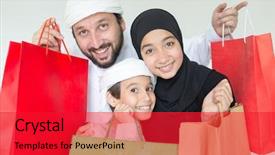  Presentation with family shopping - PPT theme consisting of arabic family with mall shopping background and a red colored foreground