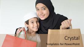  Presentation with family shopping - Theme with arabic family with mall shopping background and a coral colored foreground