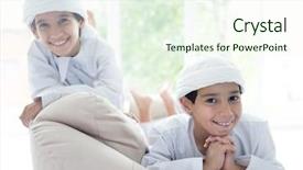  Presentation with middle eastern traditional dishes falafel - Colorful presentation design enhanced with arabic father mother son - middle eastern family at home backdrop and a sky blue colored foreground