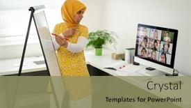  Presentation with arabic children - Slide deck with arabic-female-teacher-working background and a coral colored foreground