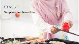  Presentation with arabic food - Presentation featuring arabic housewife at home making food in kitchen background and a white colored foreground