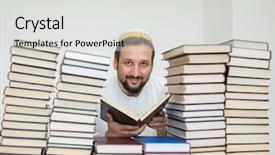  Presentation with muslim - PPT theme consisting of arabic lietrature - adult muslim man in library background and a light gray colored foreground