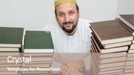  Presentation with muslim - Slide set with arabic lietrature - adult muslim man in library background and a coral colored foreground
