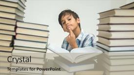  Presentation with reading - Cool new PPT theme with arabic lietrature - kid in library reading books backdrop and a  colored foreground