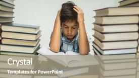  Presentation with books on bookshelf in library - Presentation theme having arabic lietrature - kid in library reading books background and a  colored foreground