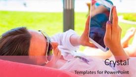  Presentation with summer holiday move - Beautiful PPT theme featuring arabic lietrature - woman using tablet on summer backdrop and a  colored foreground