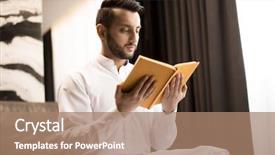  Presentation with old book cover by shakespeare - Cool new slide set with arabic lietrature - young handsome man in white backdrop and a coral colored foreground