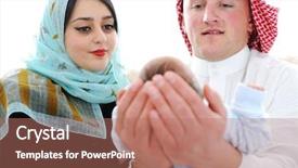  Presentation with arabic - Presentation theme having arabic mother and father with baby at home background and a coral colored foreground