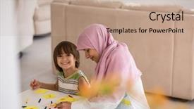  Presentation with mother son flowers - PPT theme enhanced with arabic mother with little son in living room watering flowers background and a coral colored foreground