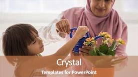  Presentation with mother son flowers - Audience pleasing PPT theme consisting of arabic mother with little son in living room watering flowers backdrop and a coral colored foreground