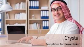  Presentation with arab - PPT theme enhanced with arabic muslim - young arab businessman in business background and a coral colored foreground