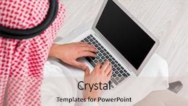  Presentation with arab - Beautiful presentation theme featuring arabic muslim - young arab businessman in business backdrop and a soft green colored foreground