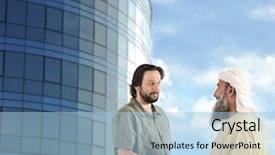  Presentation with modern building - Cool new slide deck with arabic muslim businessman meeting outdoors backdrop and a light blue colored foreground