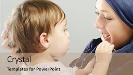  Presentation with arabic - Slides having arabic muslim mother playing and taking care of her baby background and a coral colored foreground