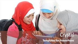  Presentation with working together - Presentation design consisting of arabic muslim school girls working background and a red colored foreground
