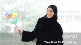  Presentation with arabic woman - PPT theme having arabic muslim woman holding background and a wine colored foreground