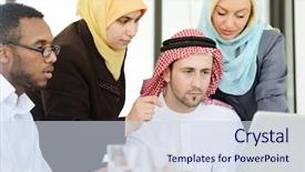  Presentation with business people moving gear - Slides featuring arabic people having a business background and a sky blue colored foreground