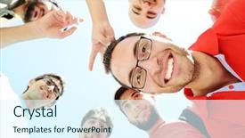  Presentation with students on campus - Beautiful slide set featuring arabic students posing at campus backdrop and a sky blue colored foreground