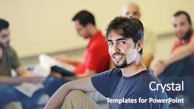  Presentation with arabic - PPT theme featuring arabic students posing at campus background and a ocean colored foreground