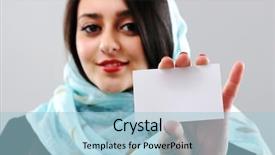  Presentation with arabic woman - Amazing PPT theme having arabic woman holding visit card backdrop and a light blue colored foreground