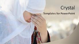  Presentation with arabic woman - Cool new PPT theme with arabic woman sitting on rock backdrop and a soft green colored foreground