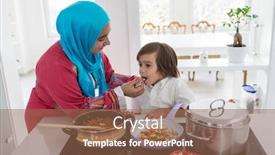  Presentation with arabic food - Presentation theme having arabic woman with little child making food in kitchen background and a coral colored foreground