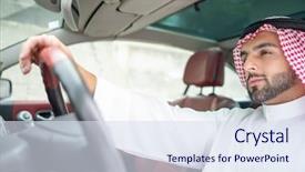  Presentation with self driving car - Slides consisting of arabic young businessman driving car background and a sky blue colored foreground