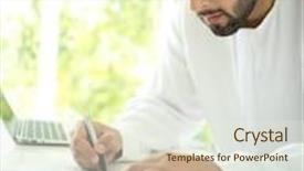  Presentation with arabic - Presentation theme having arabic young businessman posing in office background and a sky blue colored foreground