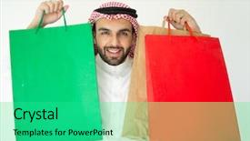  Presentation with arabic - Audience pleasing PPT theme consisting of arabic young businessman with shopping backdrop and a  colored foreground