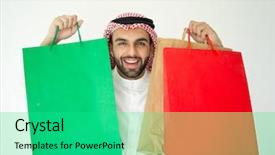  Presentation with paper bag vs plastic bags - Colorful PPT theme enhanced with arabic young businessman with shopping backdrop and a teal colored foreground