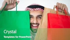  Presentation with paper bag vs plastic bags - Colorful PPT theme enhanced with arabic young businessman with shopping backdrop and a ocean colored foreground