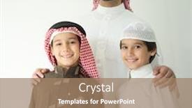  Presentation with arabic kids - Colorful PPT theme enhanced with arabic young father posing with kids backdrop and a coral colored foreground