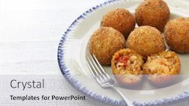 Presentation with italian food - Theme enhanced with arancini di riso fried risotto rice balls italian sicilian food background and a light gray colored foreground