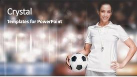  Presentation with female soccer - PPT layouts having arbitration football - female athlete holding a soccer background and a dark gray colored foreground