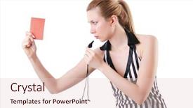  Presentation with judge - Colorful slides enhanced with arbitration football - woman judge isolated backdrop and a  colored foreground