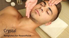  Presentation with head - Amazing slide deck having arbonne - man having head massage close backdrop and a coral colored foreground