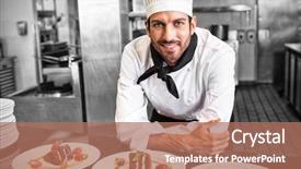  Presentation with man looking up happy - Colorful PPT theme enhanced with arc de triomphe - happy chef looking at camera backdrop and a coral colored foreground